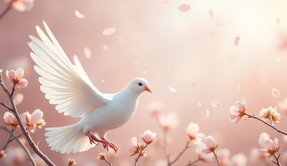 White Dove Flying in Pink Sky
