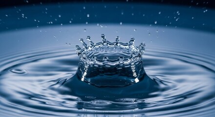 Close-up of water drop splashing into a rippled surface creating a crown effect