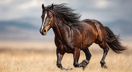 Obraz premium Majestic Brown Horse Galloping Across Golden Field, Symbolizing Freedom and Natural Power, Perfect for Animal Conservation Campaigns