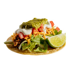 A loaded taco brimming with vibrant toppings promising a burst of fresh on transparent background