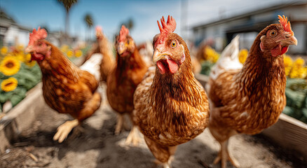 Group of Brown Chickens in a Farmyard, Representing Sustainable Agriculture and Ethical Farming Practices, Ideal for Food Industry Promotion