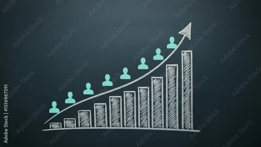 Poster hand drawing a bar graph with an upward arrow and person icons on a dark background with chalk