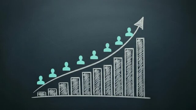 Hand drawing a bar graph with an upward arrow and person icons on a dark background with chalk