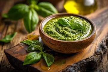 italian green pesto sauce and fresh basil leaves on wooden board