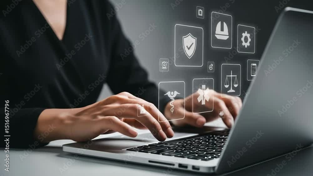 Aufkleber person typing on laptop with digital icons floating above keyboard in a modern office setting