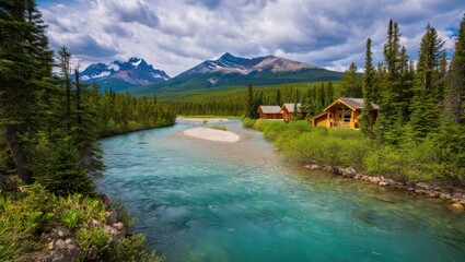 Mountain river cabins scenic landscape