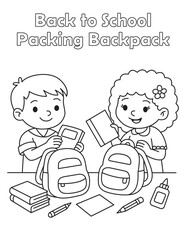 Back to school coloring page with kids packing backpacks and school supplies. Perfect for worksheets, activities, and classroom printables.