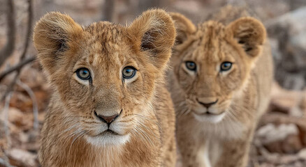 Two Lion Cubs Staring Intently in the African Bush, Representing Wildlife Conservation and Family Bonding