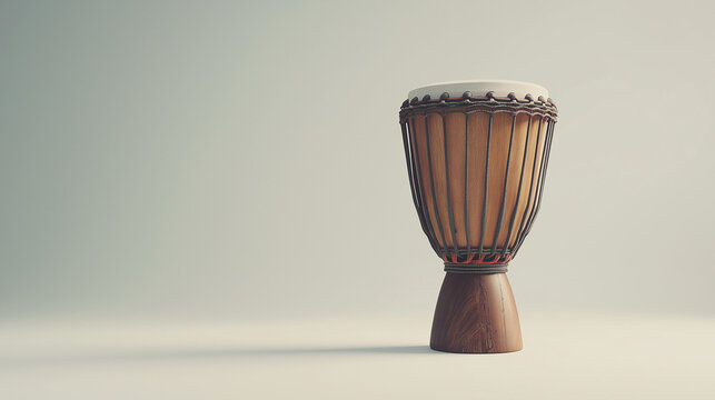 A traditional African djembe drum with a goblet shape, rope tuning, and animal-skin drumhead, isolated on a white background