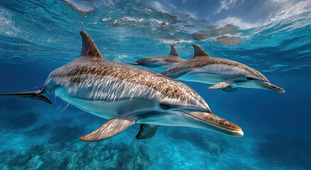 Fototapeta premium Dolphins Swimming Underwater in Turquoise Ocean, Showcasing Marine Conservation and Ecotourism Opportunities