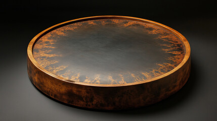 A traditional frame drum with a circular wooden body and taut skin, displayed on a black background.
