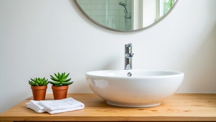Modern bathroom sink with plants and towel
