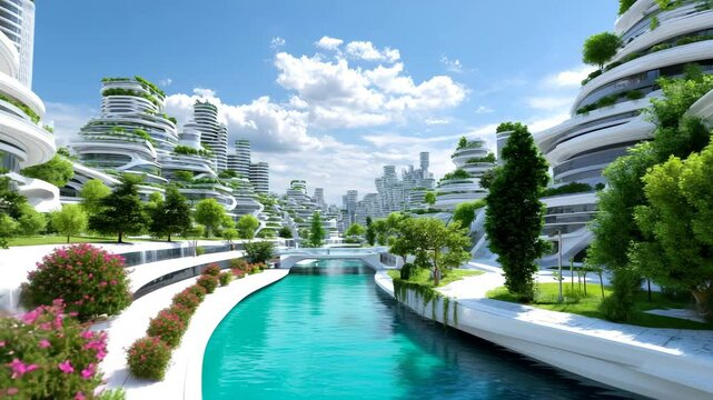 City eco complex with futuristic cascading towers is surrounded by green areas and waterfall terraces, combining nature and modern architecture