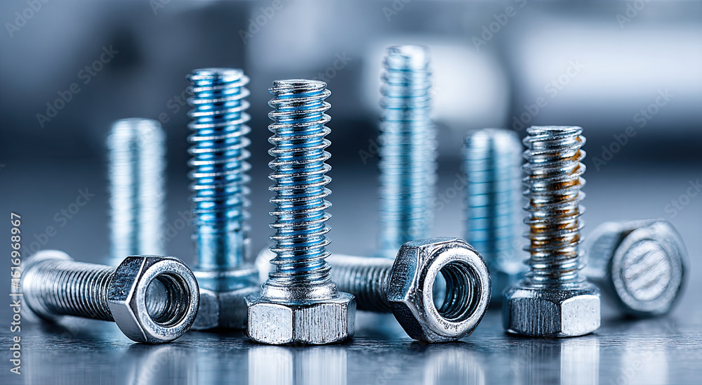 Poster close-up of shiny metal bolts and nuts on a reflective surface, showcasing precision engineering and