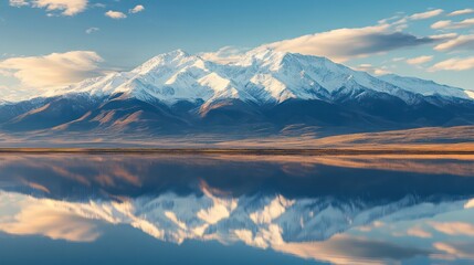 Fototapeta premium Snow-Capped Mountain Range Reflected in Calm Lake Waters Under a Partly Cloudy Sky
