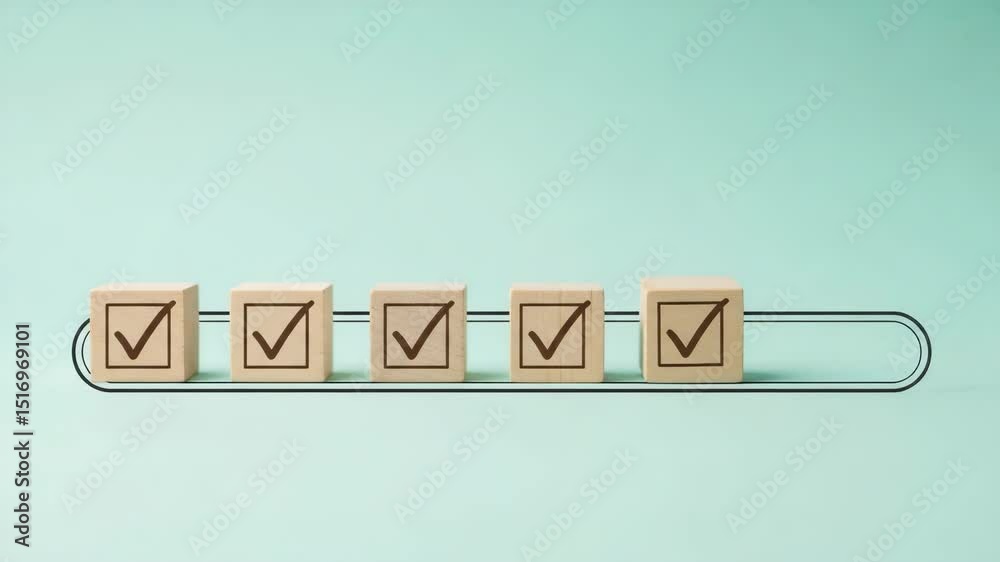 Poster hand placing a wooden block with a checkmark on a progress bar with other completed checkmarks