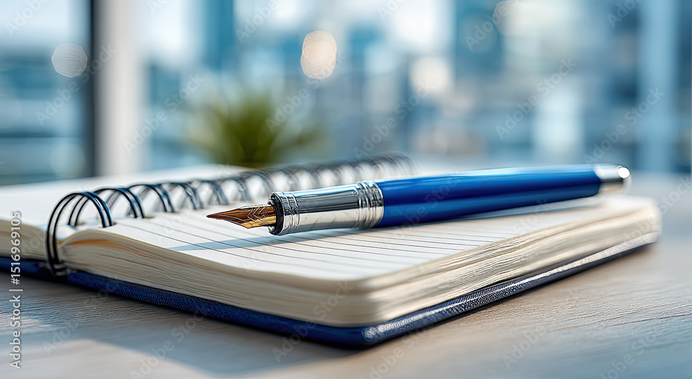 Poster fountain pen resting on open notebook in office setting, showcasing creativity and strategic plannin