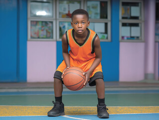 Naklejka premium Young boy in orange basketball uniform crouches on court, holding a basketball, showcasing determination and focus in a vibrant outdoor sports environment