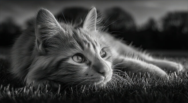 Contemplative Cat Resting in Grassy Field in Black and White, Representing Pet Ownership and Animal Companionship