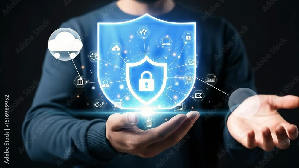 Poster person holding a glowing shield with padlock and icons representing digital security and data protec