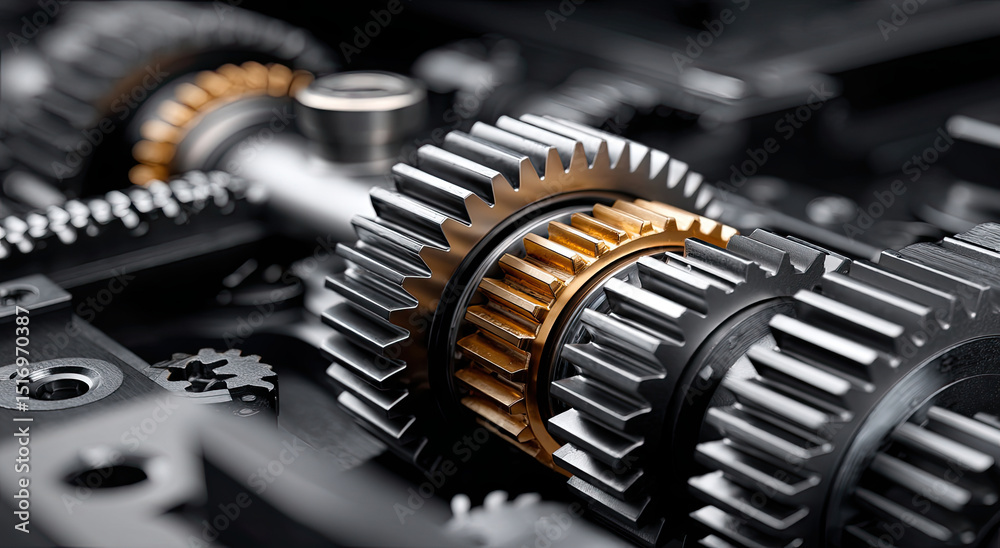 Poster close-up of interlocking gears in silver and gold, symbolizing precision engineering and mechanical 