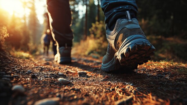 Hiking Boots on Trail Forest Adventure Walk Nature Sunlight Golden Hour Trekking Shoes Outdoors Journey Path Travel Explore Woodland Scenic View Beautiful Landscape      