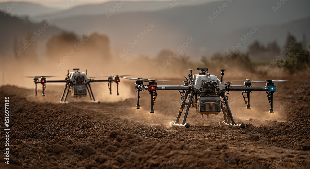 Poster agriculture drones flying over tilled field at dusk, showcasing precision farming and technological 