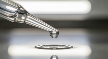 Close-up of pipette with droplet and surface reflection in laboratory setting