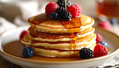 Drizzling Maple Syrup Over Pancakes with Blackberries and Raspberries