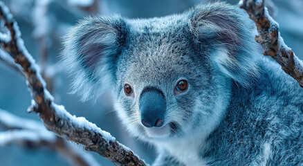 Fototapeta premium Koala Sitting on a Branch in Winter, Symbolizing Wildlife Conservation and Environmental Awareness, Perfect for Educational Materials and Nature Documentaries