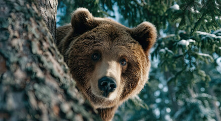 Fototapeta premium Grizzly Bear Peeking From Behind a Tree in Winter Forest, Representing Wildlife Conservation and Environmental Awareness Campaign