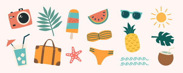Vector set of summer vacation icons in a playful hand-drawn style. Includes tropical fruits, travel items, drinks, swimwear, and sunshine. Perfect for web design, stickers, packaging, and kids' projec