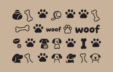 Dog themed vector pattern featuring cute dogs paw prints bones dog food and toys in a simple modern and minimalist style