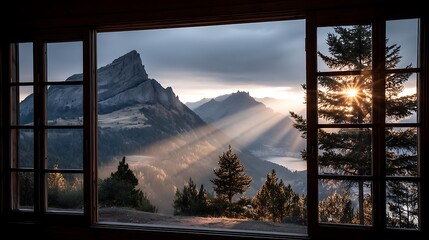 Window view of a mountain landscape with sunbeams streaming through, offering a peaceful and breathtaking view of nature's beauty from indoors.
