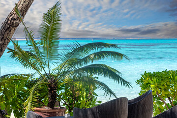 Fototapeta premium petit salon extérieur sur la plage au bord du lagon bleu turquoise de l'île de Mo'orea en Polynésie