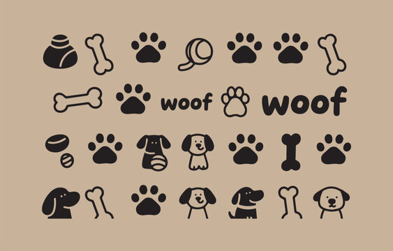 Dog themed vector pattern featuring cute dogs paw prints bones dog food and toys in a simple modern and minimalist style
