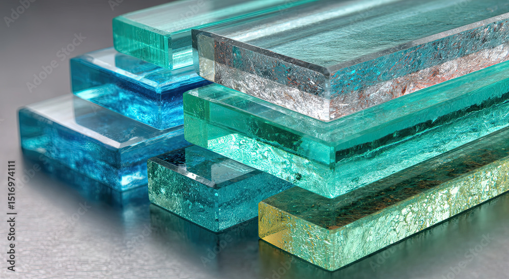 Poster stack of textured glass tiles in blue and green hues, showcasing material innovation and transparenc