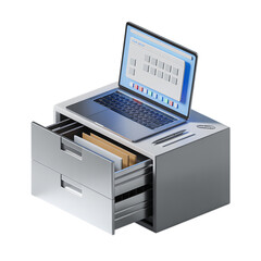 Organizing data files with modern technology laptop on file cabinet with on transparent background