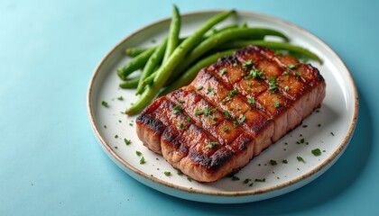 Pan-seared strip loin on white plate on powder blue background with top view shot