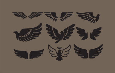Naklejka premium Set of Black Bird and Angel Wing Designs