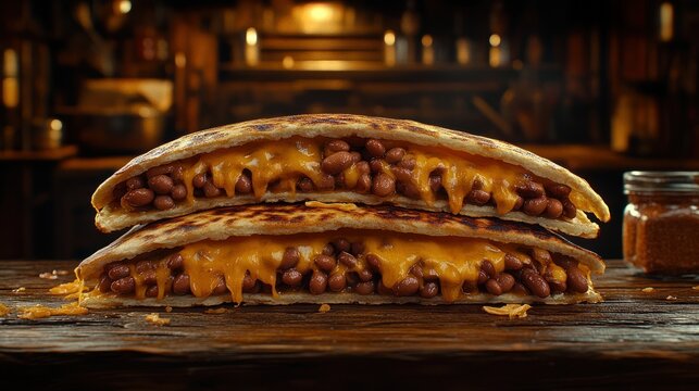 Two stacked, cheesy bean pitas on rustic wood