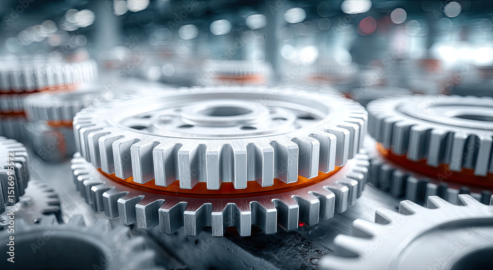 Poster close-up of interlocking metal gears, illustrating precision engineering and industrial progress for