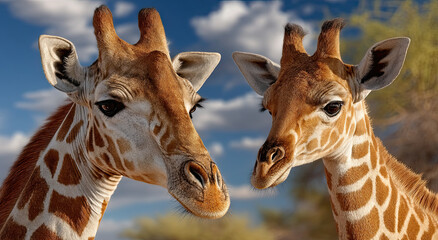 Obraz premium Close-Up of Two Giraffes Against Cloudy Sky, Symbolizing Wildlife Conservation and Animal Companionship for Educational Content and Environmental Awareness