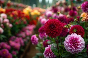 Obraz premium Vibrant Field of Blooming Dahlias, Featuring Deep Red and Pale Pink Flowers in Focus