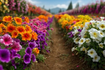 Obraz premium Scenic field filled rows of colorful petunia flowers at springtime, with white, orange, purple, pink and yellow blooms