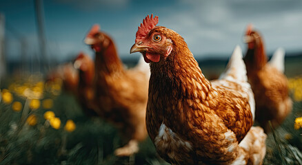 Fototapeta premium Close-Up of Brown Chickens in a Field With Yellow Flowers, Symbolizing Farm Freshness and Sustainable Agriculture Practices in Food Industry Marketing
