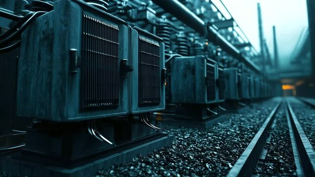 A detailed shot of massive transformers, showcasing complex radiator cooling systems with rows of metal fins, thick black high-voltage cables snaking through the infrastructure, su