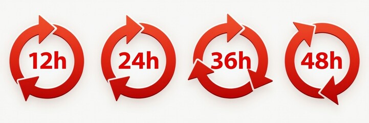 Bold circular arrow icons representing time durations in hours 12h 24h 36h 48h in vibrant fire engine red