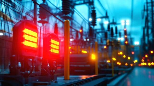 A dramatic angle of towering power transformers, with glowing warning signs at their base, high-security fencing surrounding the units, and yellow safety barriers marking restricte