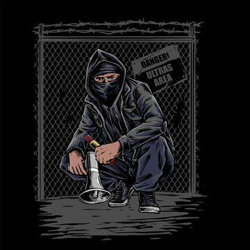 vector of ultras hooligan casual ultras football soccer supporter with flare smoke and megaphone